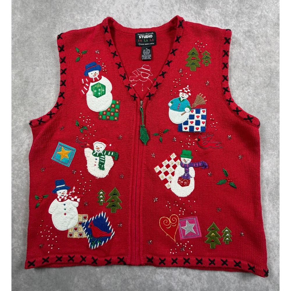 Studio Fa La La Vintage Womens Medium Christmas Sweater Vest Snowman Applique